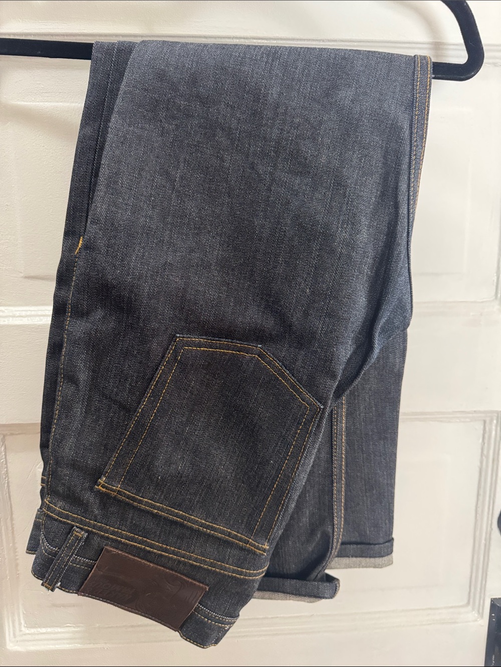 Naked & Famous Denim Dark Gray Straight Jeans with Tan Stitching